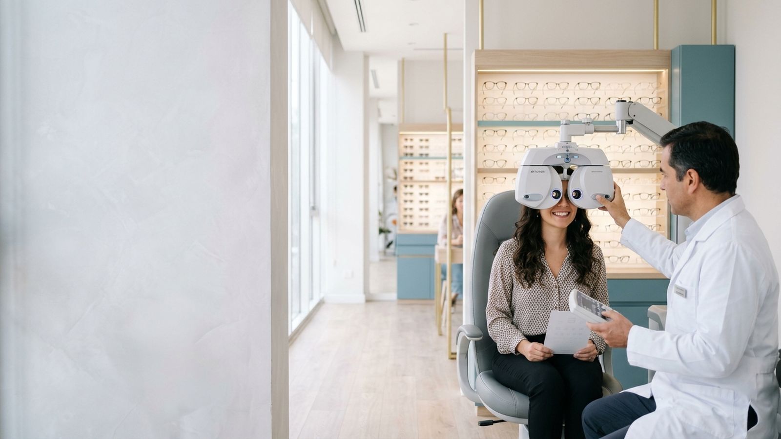 Tecnólogo médico realizando un examen visual en Ópticas Ven a Ver
